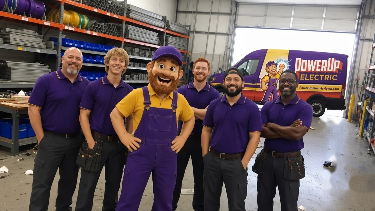 The PowerUp Electric crew and mascot in the shop
